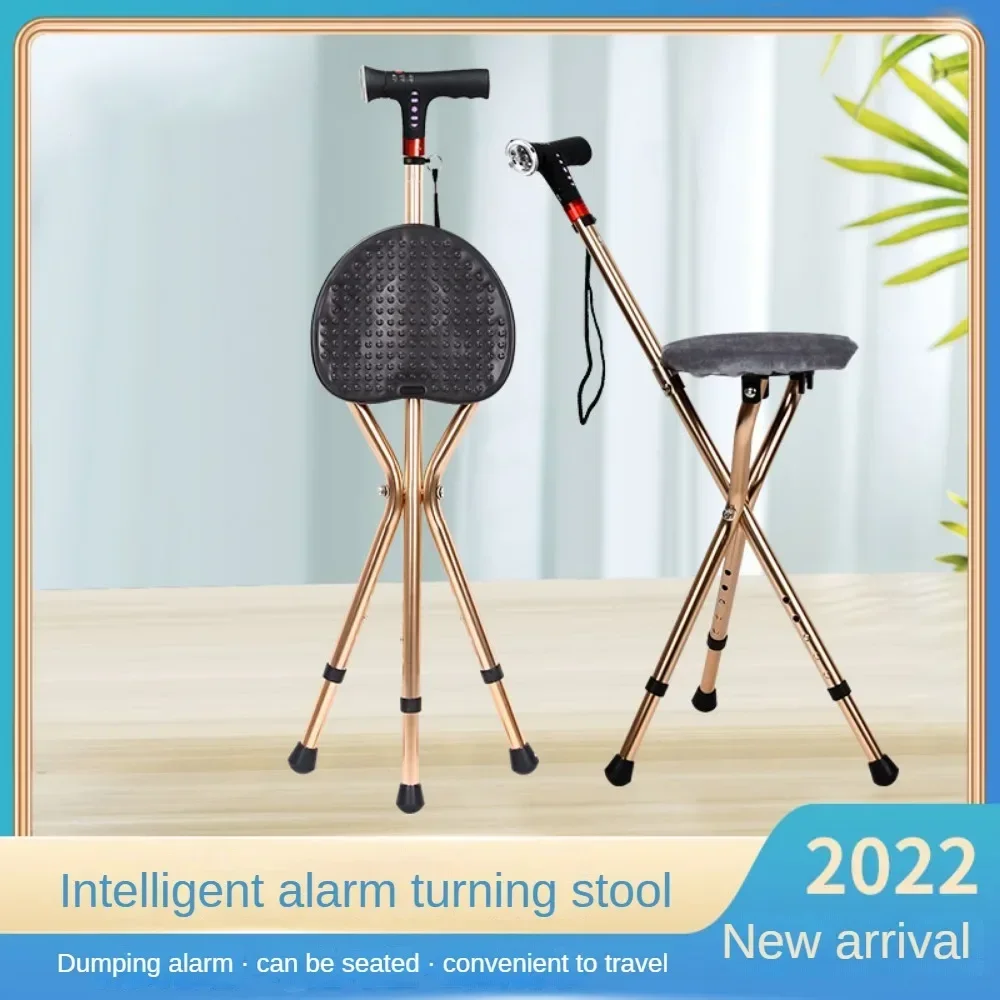 Multi-functional Crutch Chair with Radio,Folding Non-slip Elderly Crutch Chair, Retractable Multi-functional Three-legged Crutch