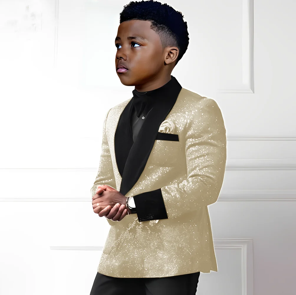 Sequin Boys Suit 2 Piece Set Double Breasted Blazer Pants Wedding Tuxedo Kids Fashion Outfit 2-16 Years Old