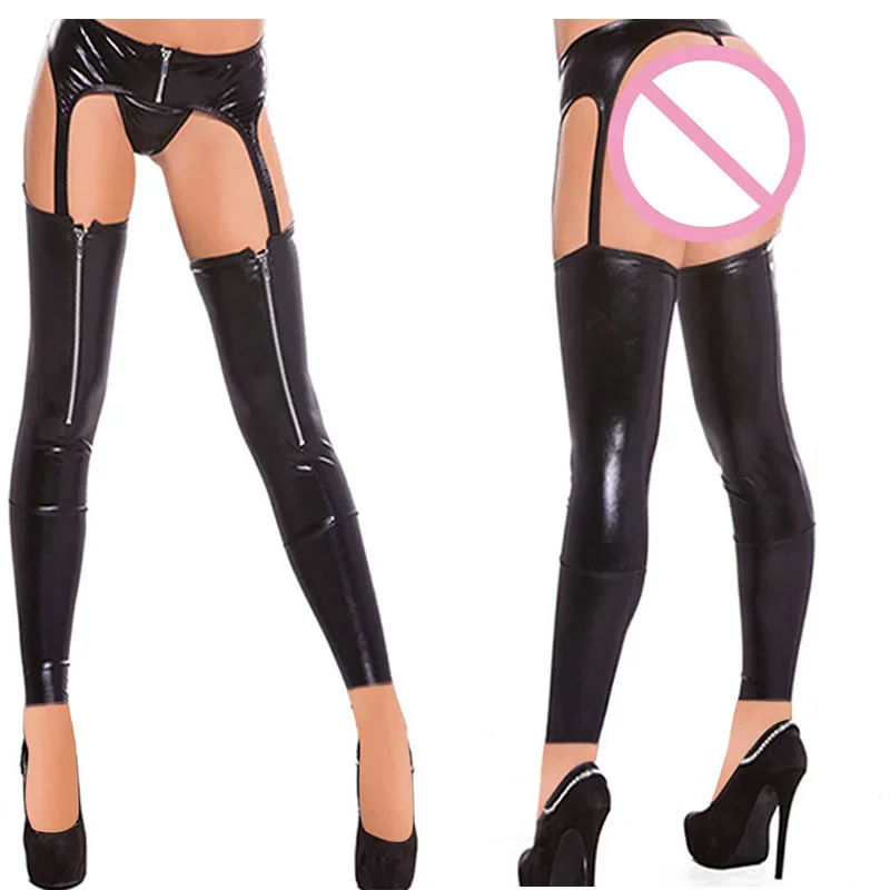 ผู้หญิงเซ็กซี่ต้นขาหนังถุงน่องหญิงเร้าอารมณ์ gaiters เอวซิป Wetlook สีดําไวนิล Latex Gothic Tights ถุงน่อง