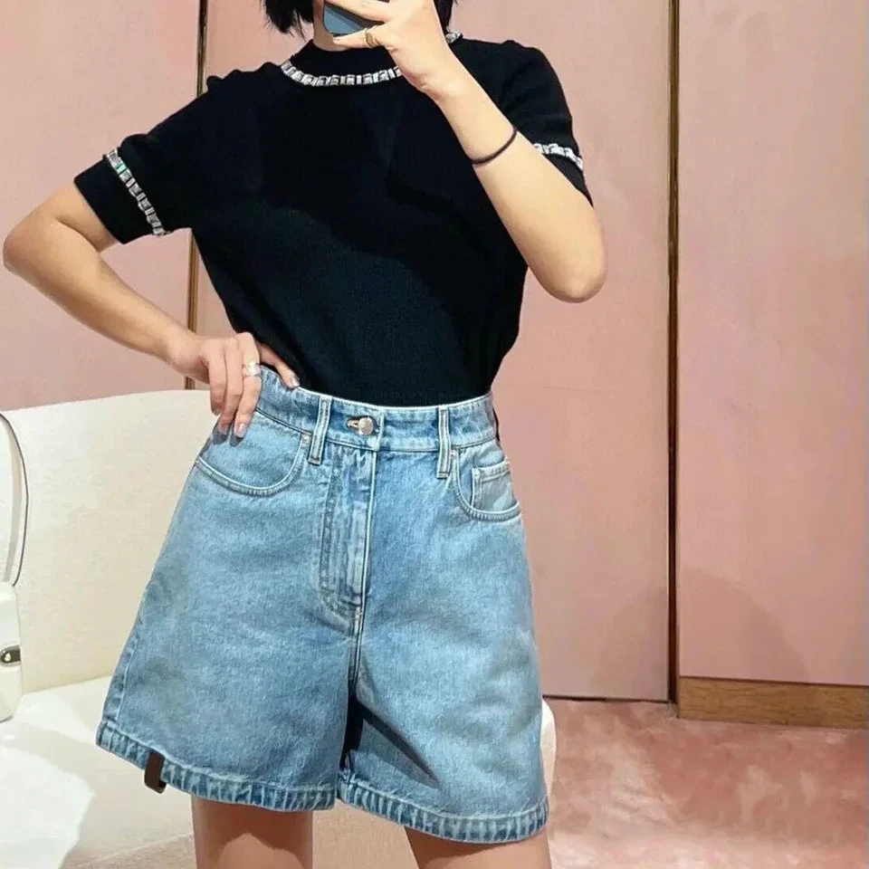 2024 New Fashion Summer Blue Color Denim Shorts Women High Waist Loose Casual Shorts