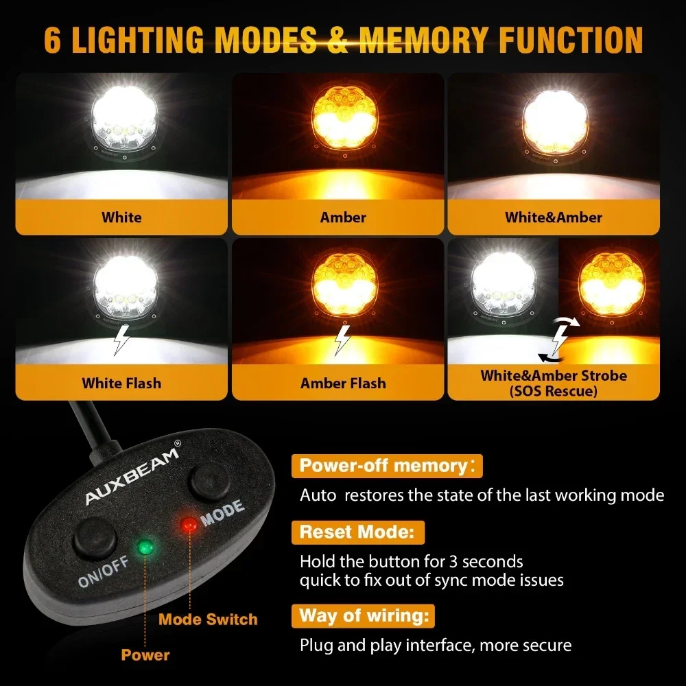 AUXBEAM 90W Universal LED Driving Pod Light Fog Lamp with Memory Function 6 Modes White & Amber Work Light with Wiring Harness