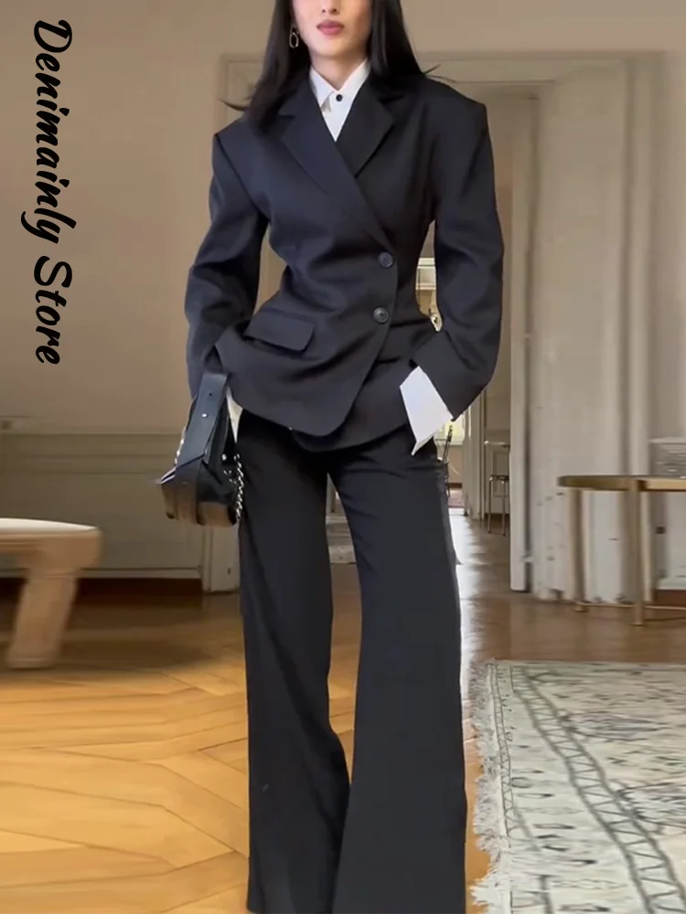 Fashion Asymmetric Buttons Blazer Pants Sets Women Slim Waist Lapel Long Sleeve Jackets Straight Pant 2026 Spring Lady Outfit