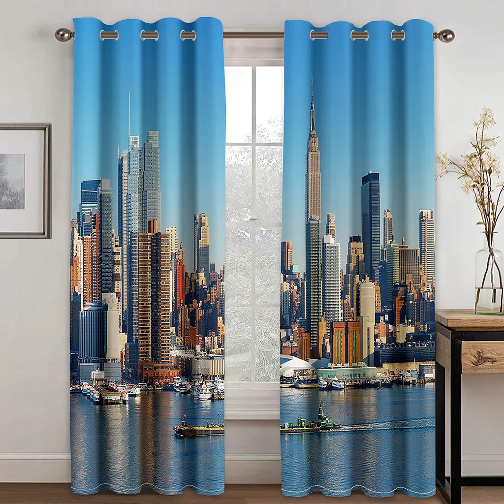 New York City Print Window Curtains NYC Midtown Skyline in Evening Skyscrapers Photo Living Room Bedroom Window Drapes