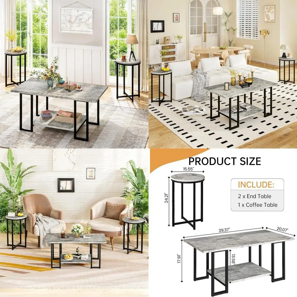 Faux Marble 3-Piece Living Room Table Set with Metal Frame and 2 Round Side Tables
