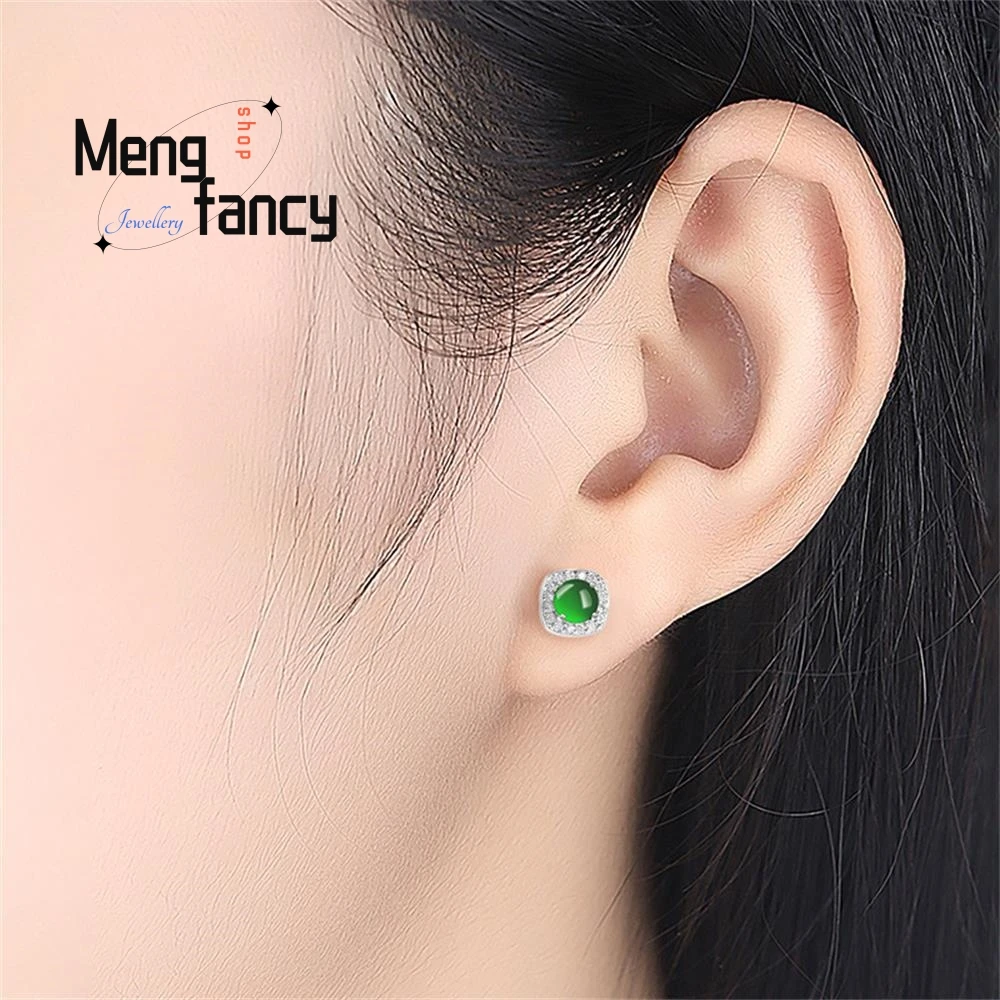 أنيقة عالية الجودة حقيقية الطبيعية A-السلع الجاديت يانغ البيض الأخضر أقراط الجليد اليشم S925 الفضة مطعمة الأزياء والمجوهرات الفاخرة