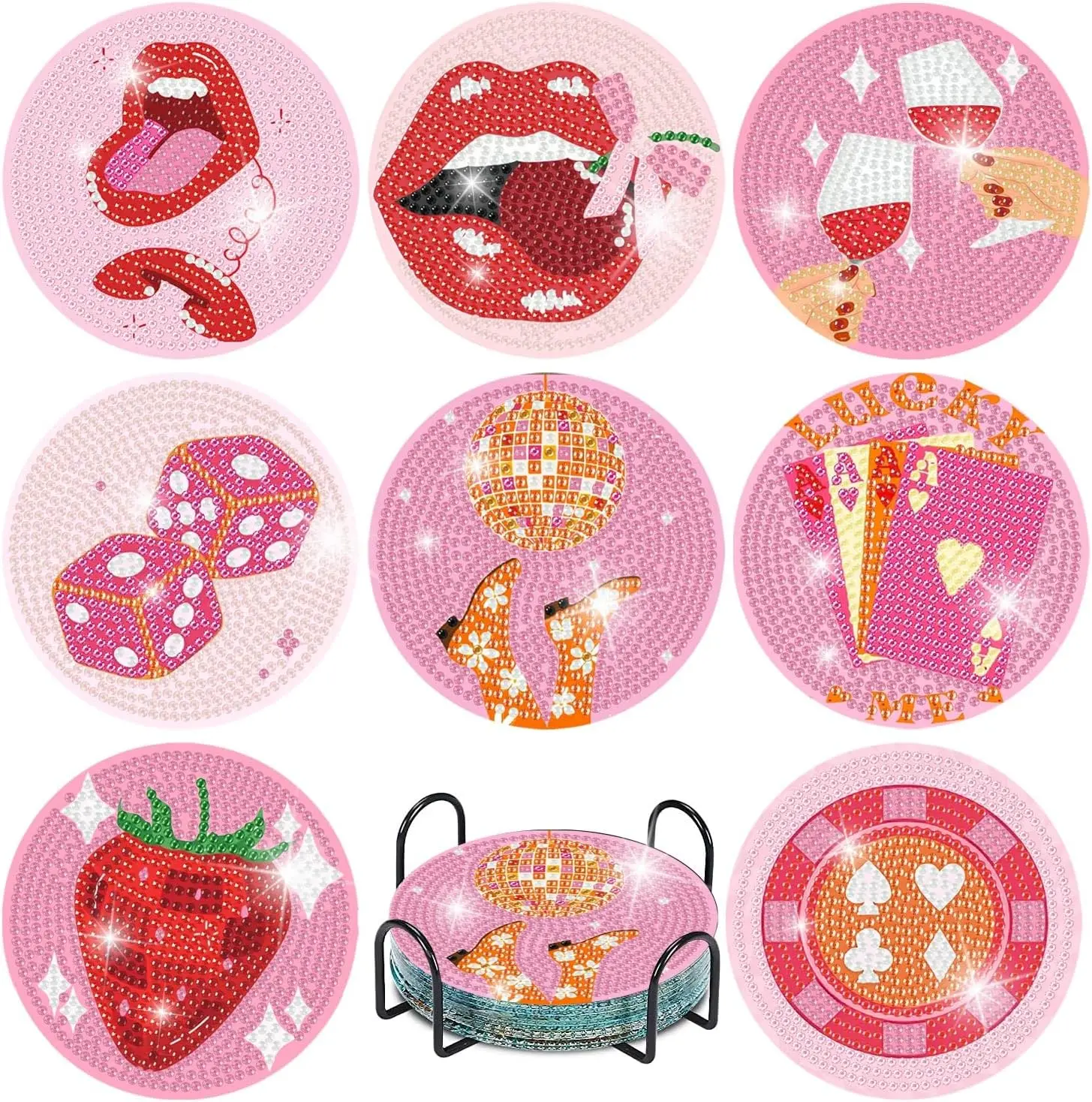 

Canrichshop Pink Vintage Diamond Paintings Coasters Kits Set,8 Pieces Retro Funny Drinks Diamond Art Painting Coasters Kit with