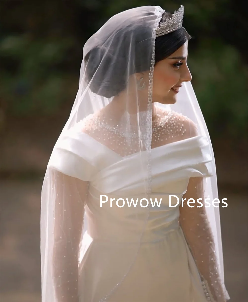 Prowow Modest Pearls Muslim A Line Wedding Dresses Off Shoulder Floor Length Bridal Gowns Customized Pleats Back