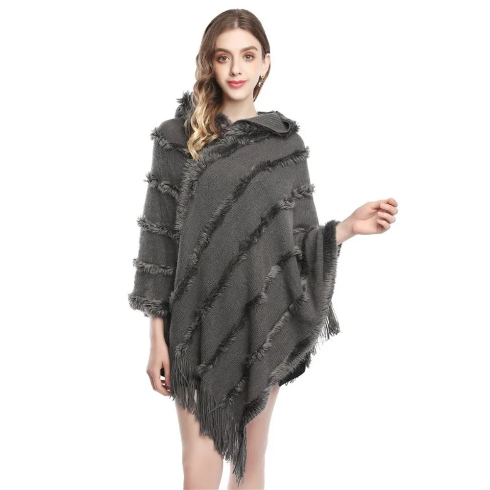Cozy Hooded Poncho Sweater Fringe Trim Fuzzy Knit Shawl Cape Solid Color Warm Fringe Poncho Wrap for Women