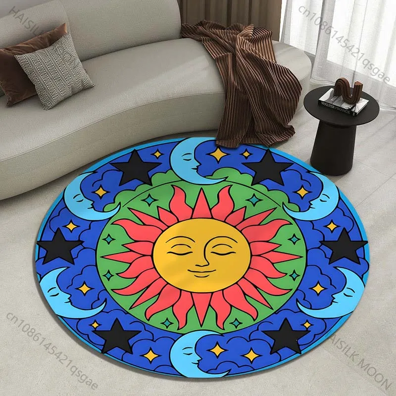 Colorful sun, moon, and star design Printed round carpet living room sofa table carpet large pet mat soft round carpet