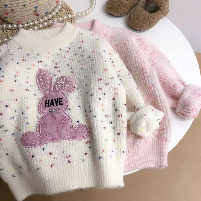 2024 Girl s Latest Pink Rabbit Children\'s Fashionable And Cute Sweater Cartoon Bead Rabbit Girl Sweater Girl Knitwear