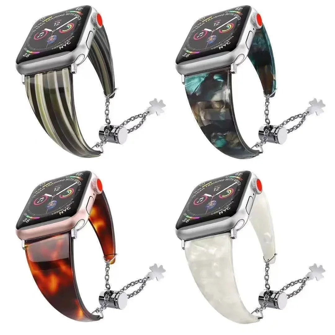 Resin Strap for Apple Watch Band 45mm 41mm 44mm 42mm 40mm 46mm Pendant Chain Bracelet Wristband iWatch series 10 9 8 7 6 5 band