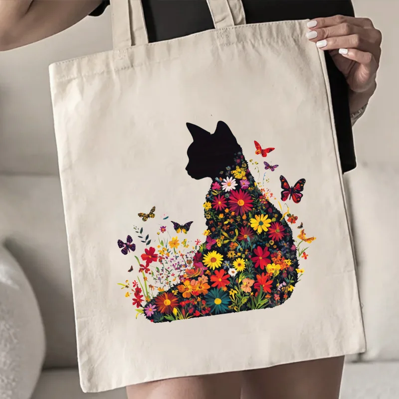 Canvas Tote Bag - Natural Color - Printed with Black Cats, Flowers, and Butterflies - Suitable for Daily Shopping and Grocery Use