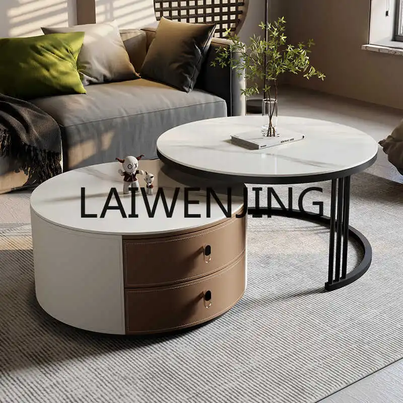 Light Luxury Saddle Leather Stone Plate Coffee Table Small Apartment Modern Simple Size round Retractable Living Room Home