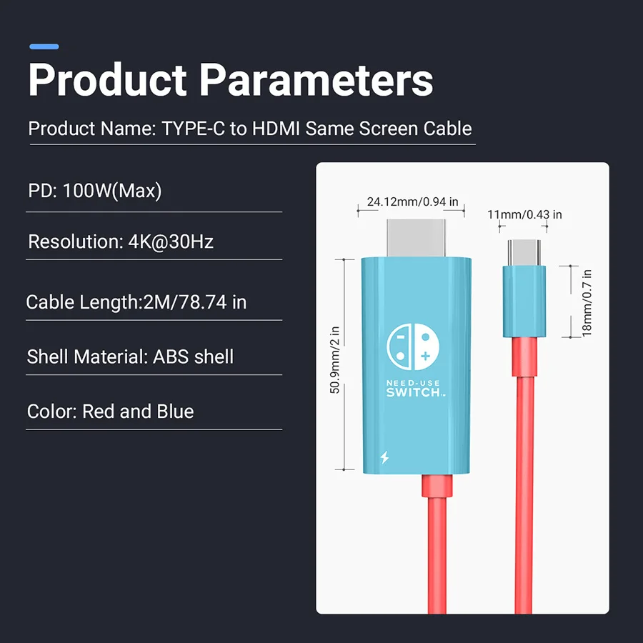 2m 4k 30Hz Portable USB Type C to HDMI Conversion Cable for TV Docking Mode on Switch Steam Deck/Mobile Phone/