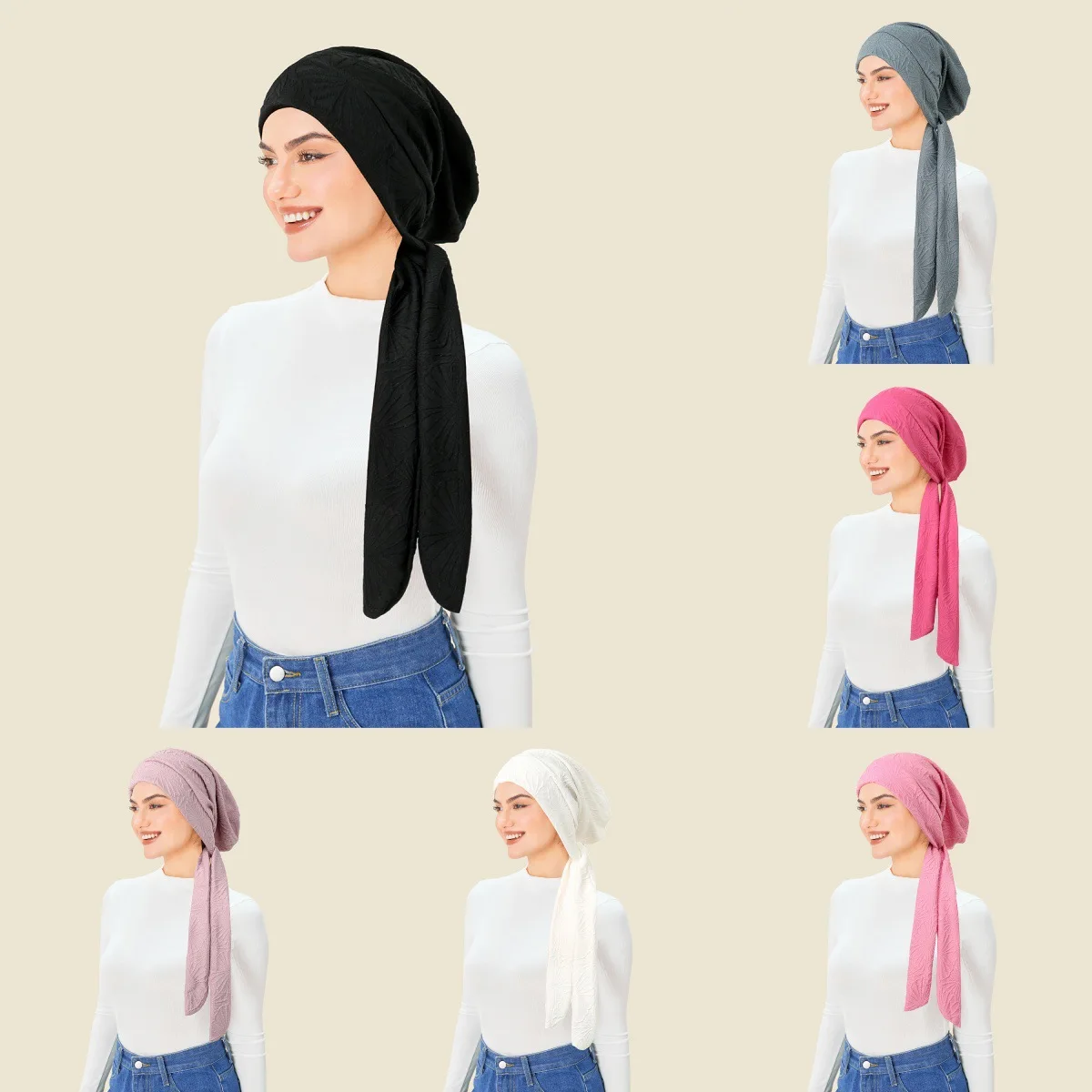 Fashion Pre-Tied Women's Long Tail Hijab Solid Color Muslim Ladies Turban Bonnet Soft Elastic Bandanas Head Wrap Head Scarf New