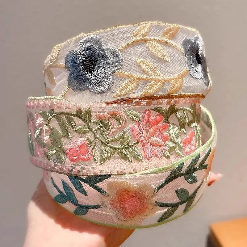 Women's Elegant Chiffon Embroidered Flower Headband Sweet Floral Headscarf Hair Tie wide Edge Headband Girls Hair Accessories