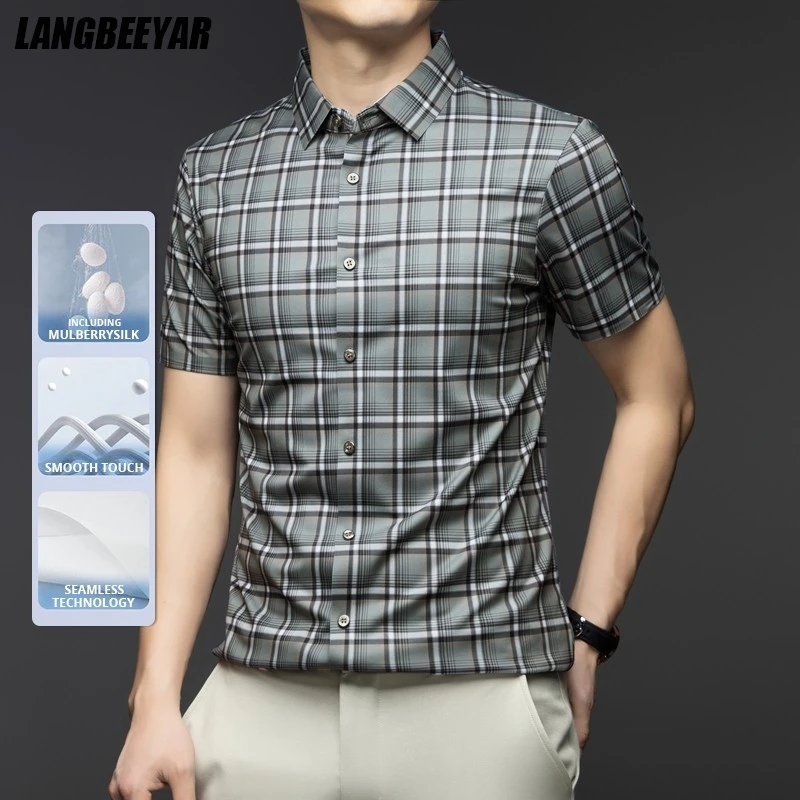 

High End Mulberry Silk Anti-wrinkle PlaidNew Summer Brand Men Shirt Slim Fit Plaid Short Sleeve Casual Fashion Men Clothing