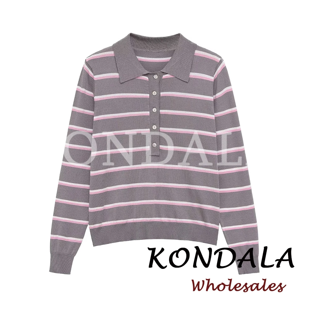 KONDALA Schicker Frühling Grau Gestreifter Streetwear-Pullover mit Knöpfen für Damen, Modische Strickware 2026, Locker Geschnittener Pullover mit Umlegekragen für Frauen