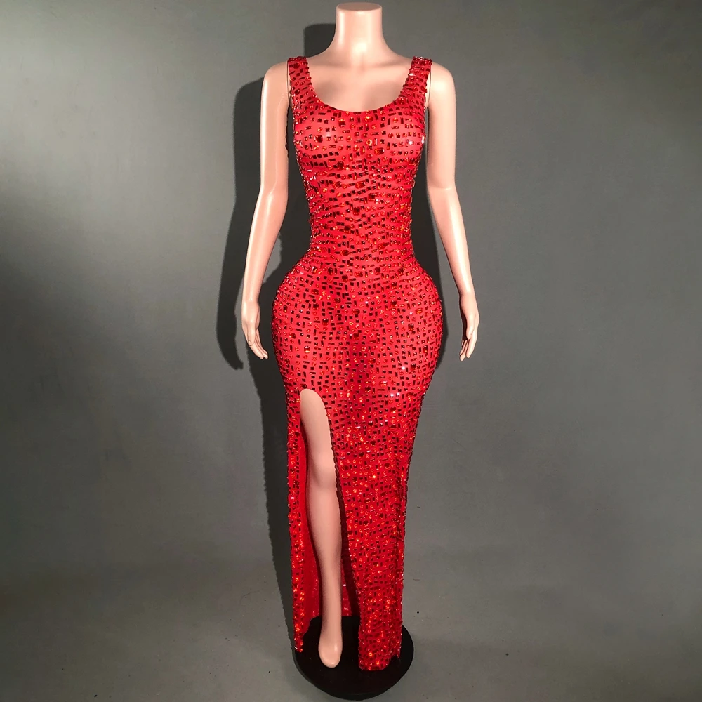 

Sparkly Red Rhinestones Braces Slip Skirt Women Sexy Mesh See Through Celebrate Evening Prom Birthday Dress Photo Shoot Wear