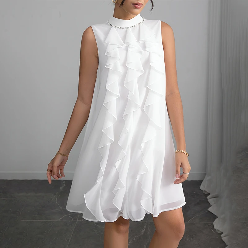 Mini robe élégante à volants pour femmes, col montant élégant avec strass, sans manches, ligne a assortie avec tout, robe courte blanche