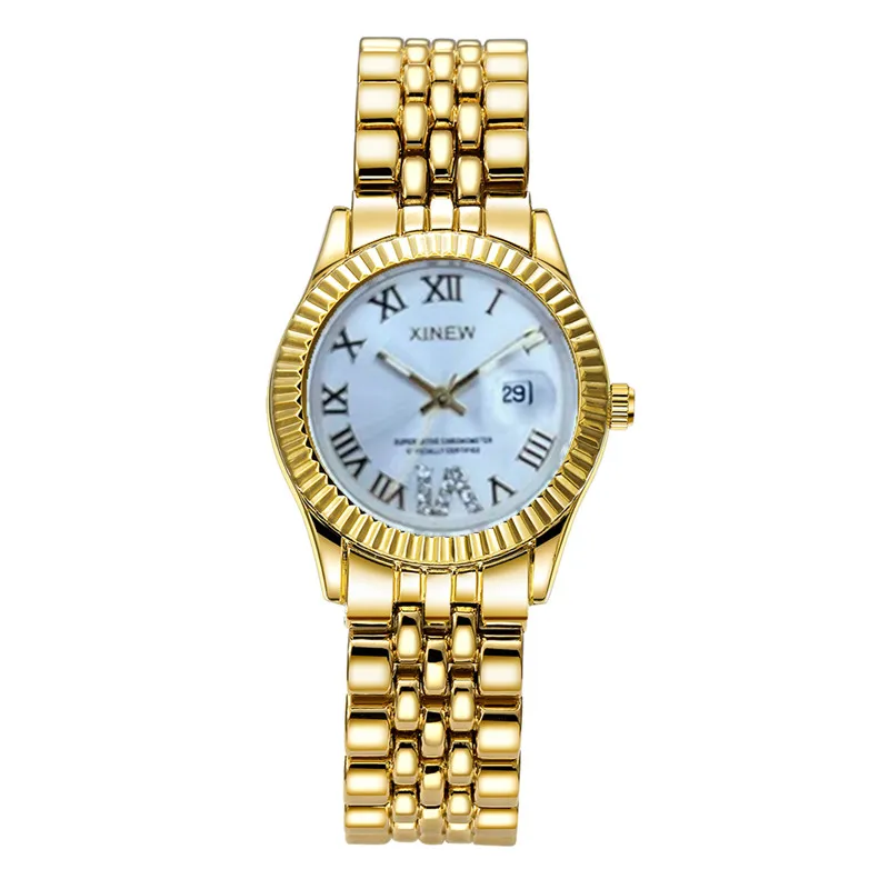 Relogios Feminino Fashions Women XINEW Brand Watches Girls Fashion Casual Alloy Band Calendar Quartz Watch Golden Reloj Mujer