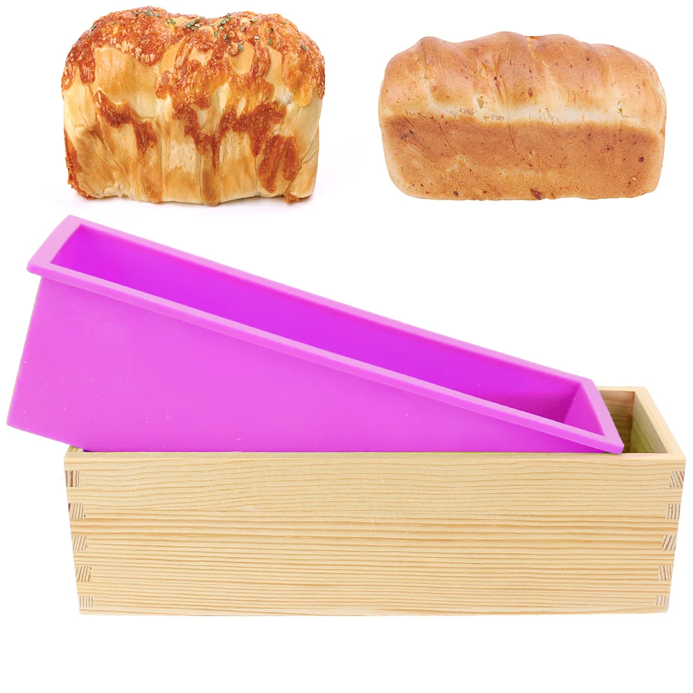 Silicone Soap Mold Kitchen Tools Rectangular DIY Handmade Tool Baking Toast Cake Loaf Mold with Wooden Box