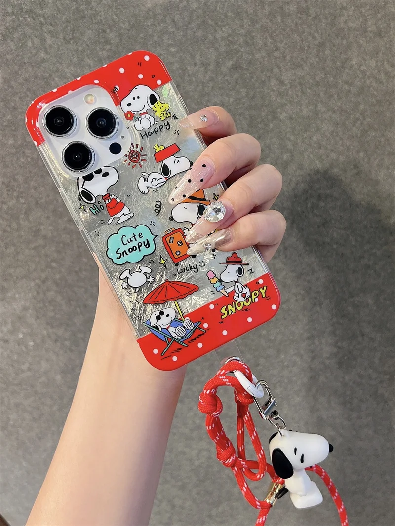 Luxury Laser Cute Cartoon Comic Snoopy Peanut Phone Case For iPhone 12 13 14 15 Pro Max Wave Point Funny Snoopy Bumper Cover