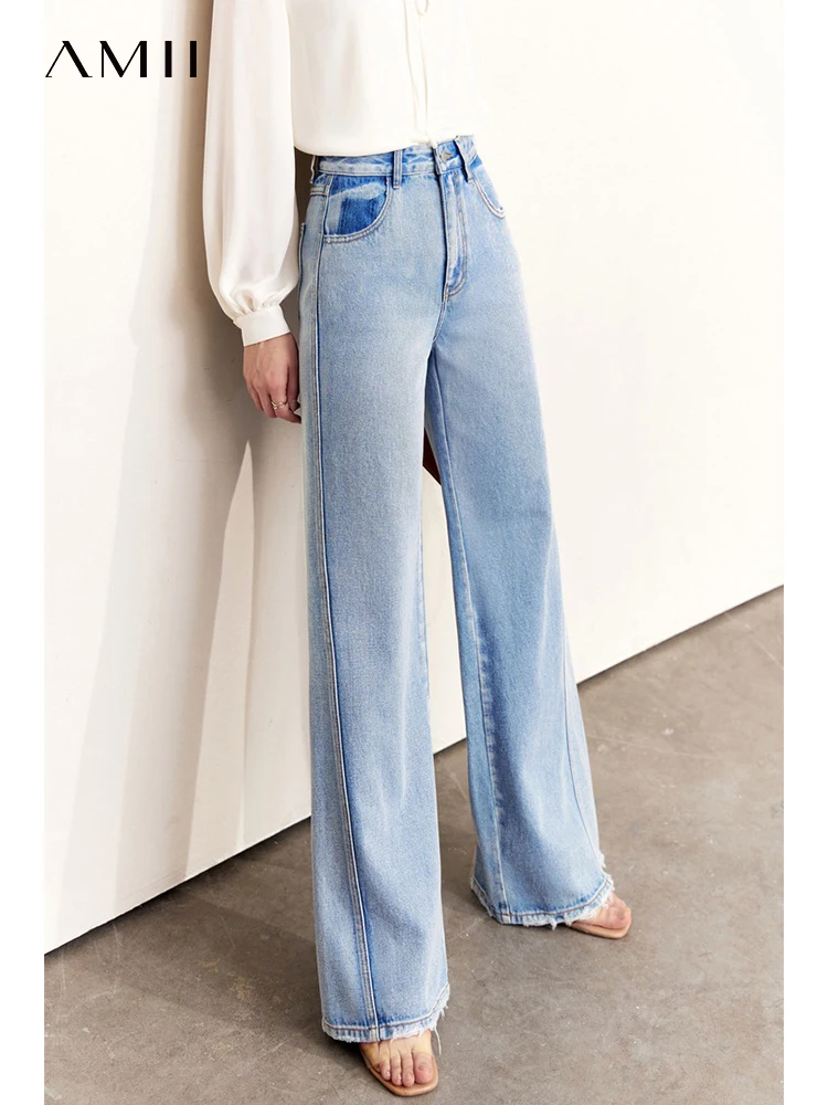 AMII Minimalism Jeans Women Autumn Casual High Waist 100% Cotton Wide Leg Pants Ins Korean Straight Denim Blue Trousers 12270354