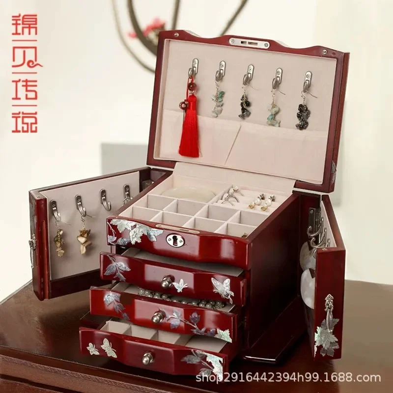 for Jinbei Legend Luodian Lacquer Jewelry Box Large Capacity Wooden Bracelet Storage Chinese Antique Style Home Decor Gift
