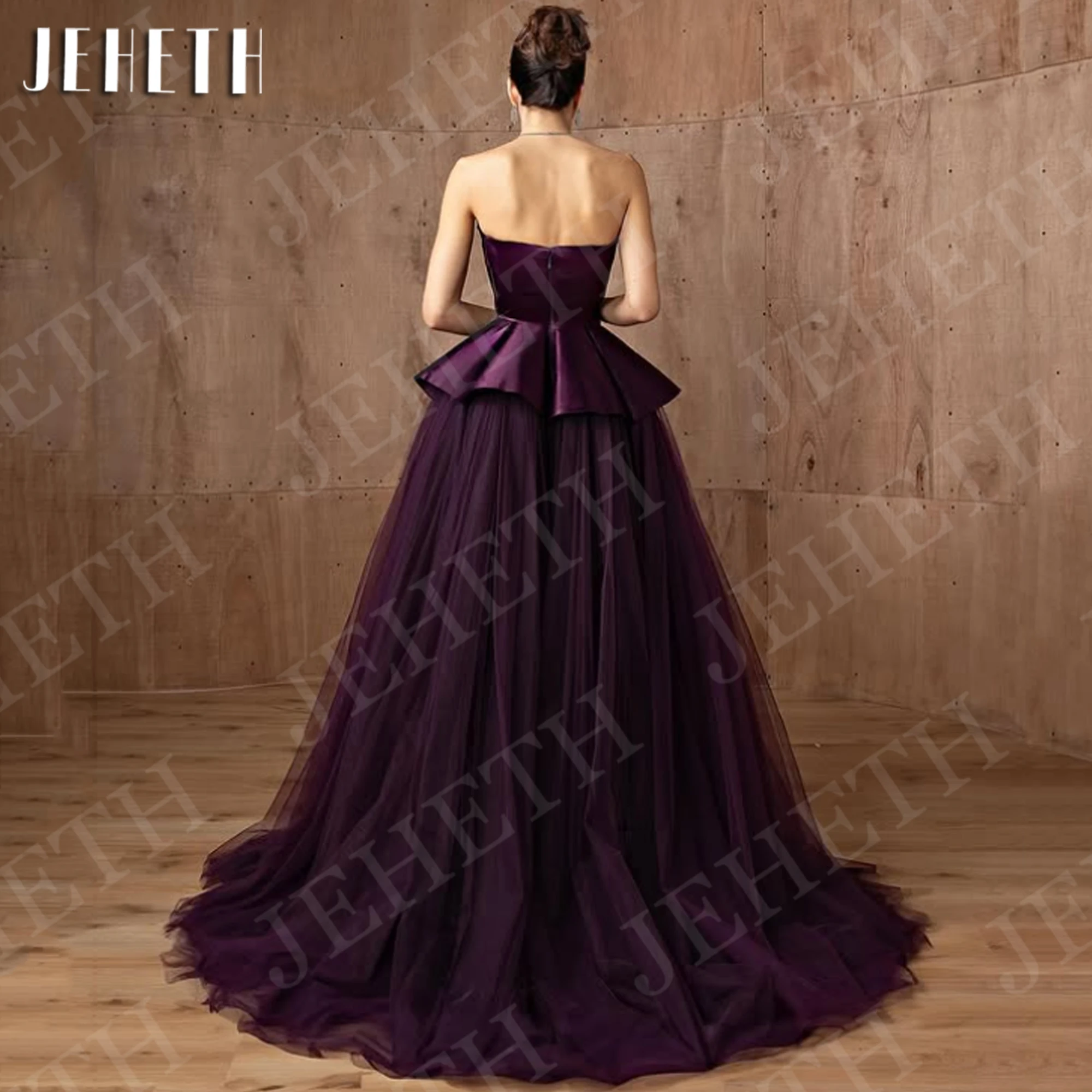 فساتين JEHETH أنيقة باللون الأرجواني بدون حمالات للحفلات الراقصة 2026 منتفخة طويلة من التل للنساء فستان حفلات على شكل حرف A مخصص بدون أكمام من Fساتين أنيقة الأرجواني Strapless فساتين حفل 2026 نفخ طويل Tulle امرأة خط حف #2