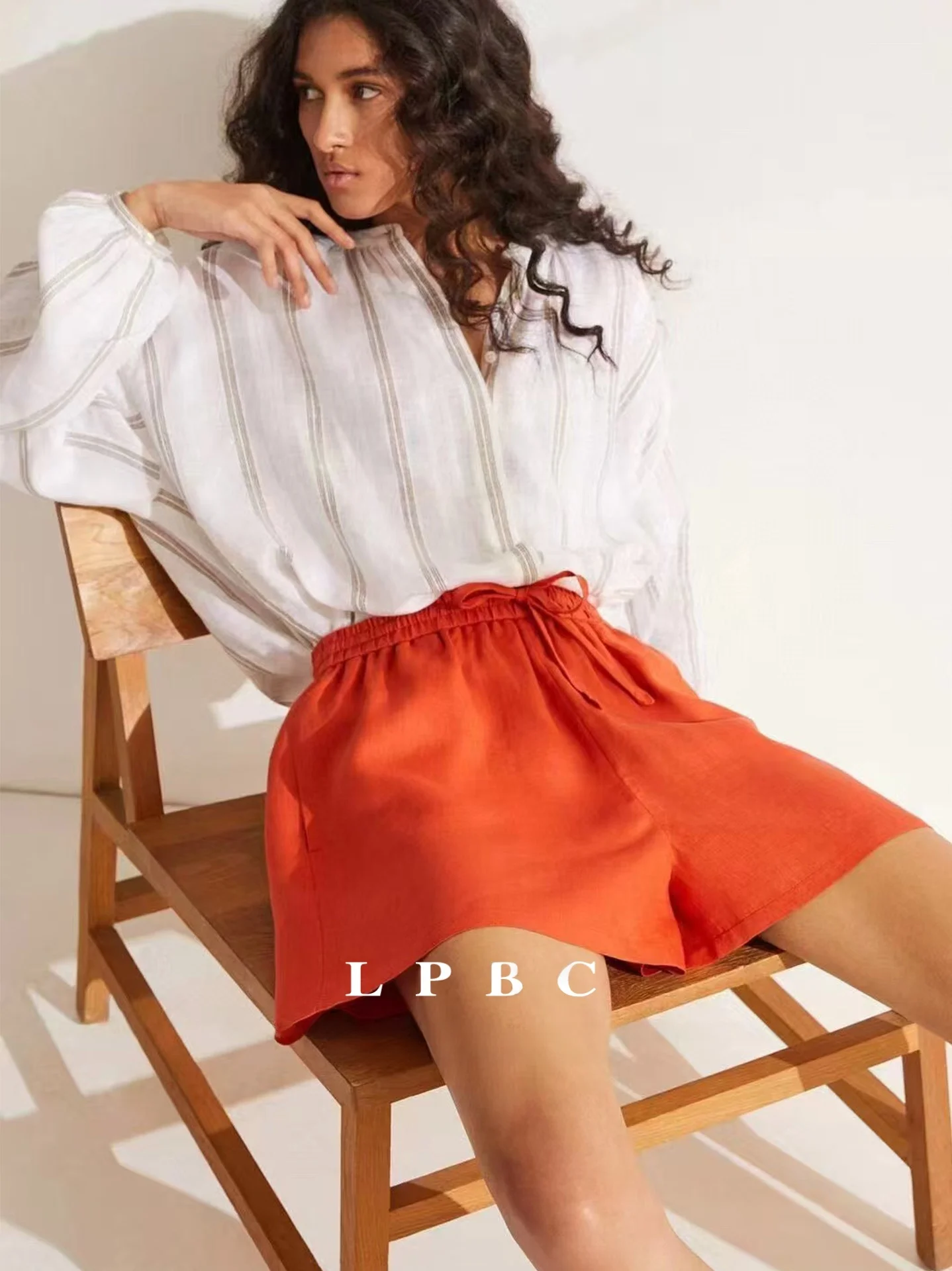 

LPBC Lazy Loose Drawstring Elastic Waist Linen Bermuda Shorts Women's Casual High Waist Wide Leg Pants Spring Season