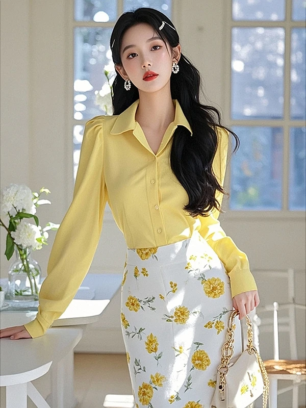 

Весенний корейский женский деловой костюм-двойка: желтая рубашка с длинным рукавом и воротником, уникальный модный дизайн