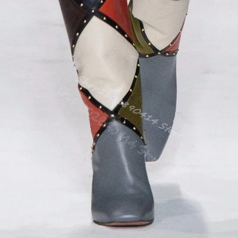Colorful Geometric Print Buckle Decor Runway Boots Slip On Women Shoes Chunky High Heels Pointed Toe 2024 Zapatos Para Mujere