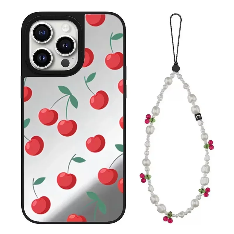 

Cherry Beads Chain Lanyard Mirror Magnetic iPhone 11 12 13 14 15 16 Pro Max Protective Case