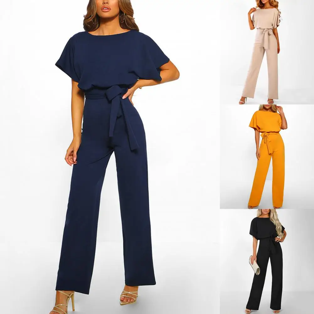 Elegant Ladies Jumpsuit Business Style Playsuit Round Neck Women Solid Color Straight Leg Romper  Slim