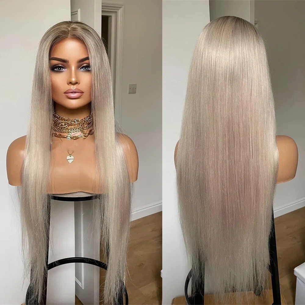 

Парик с эффектом натуральных корней, платиновый блонд, 28 дюймов, прямые волосы с темными корнями, HD-кружевной парик, синтетический парик с кружевной передней частью, без клея, свободная линия роста волос