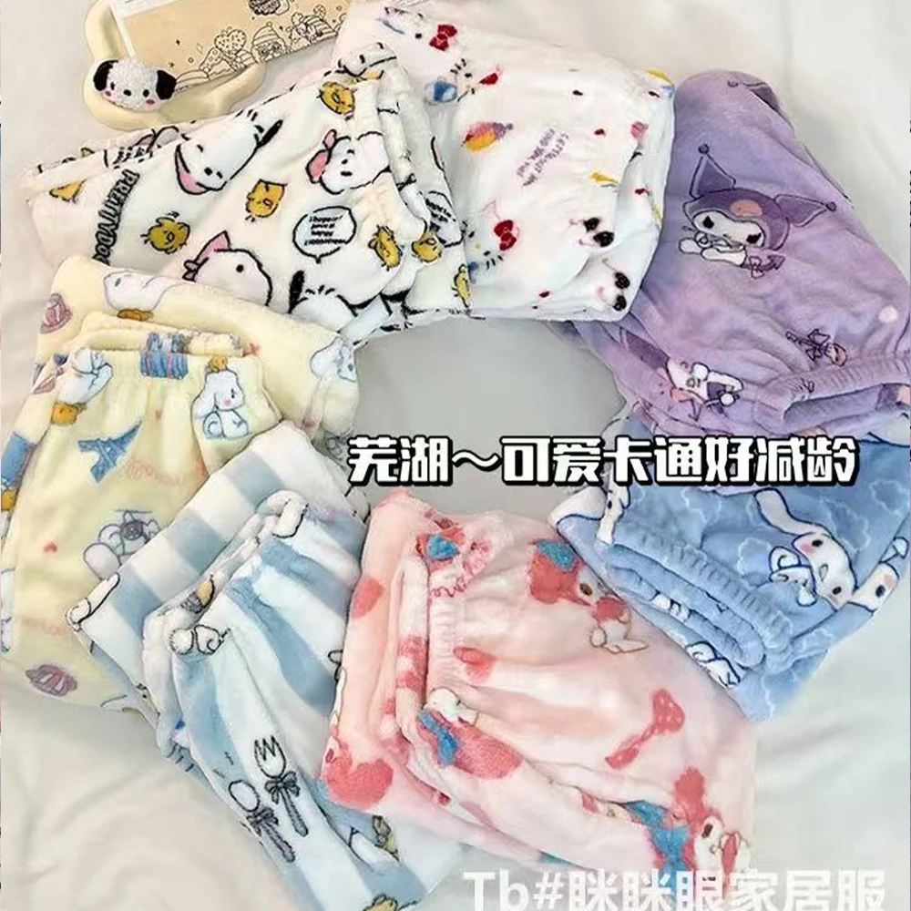 

Пижамные штаны в стиле аниме Sanrio Hello Kitty Kuromi Melody, женские плюшевые брюки Kt, кавайные хлопковые зимние теплые утепленные домашние штаны