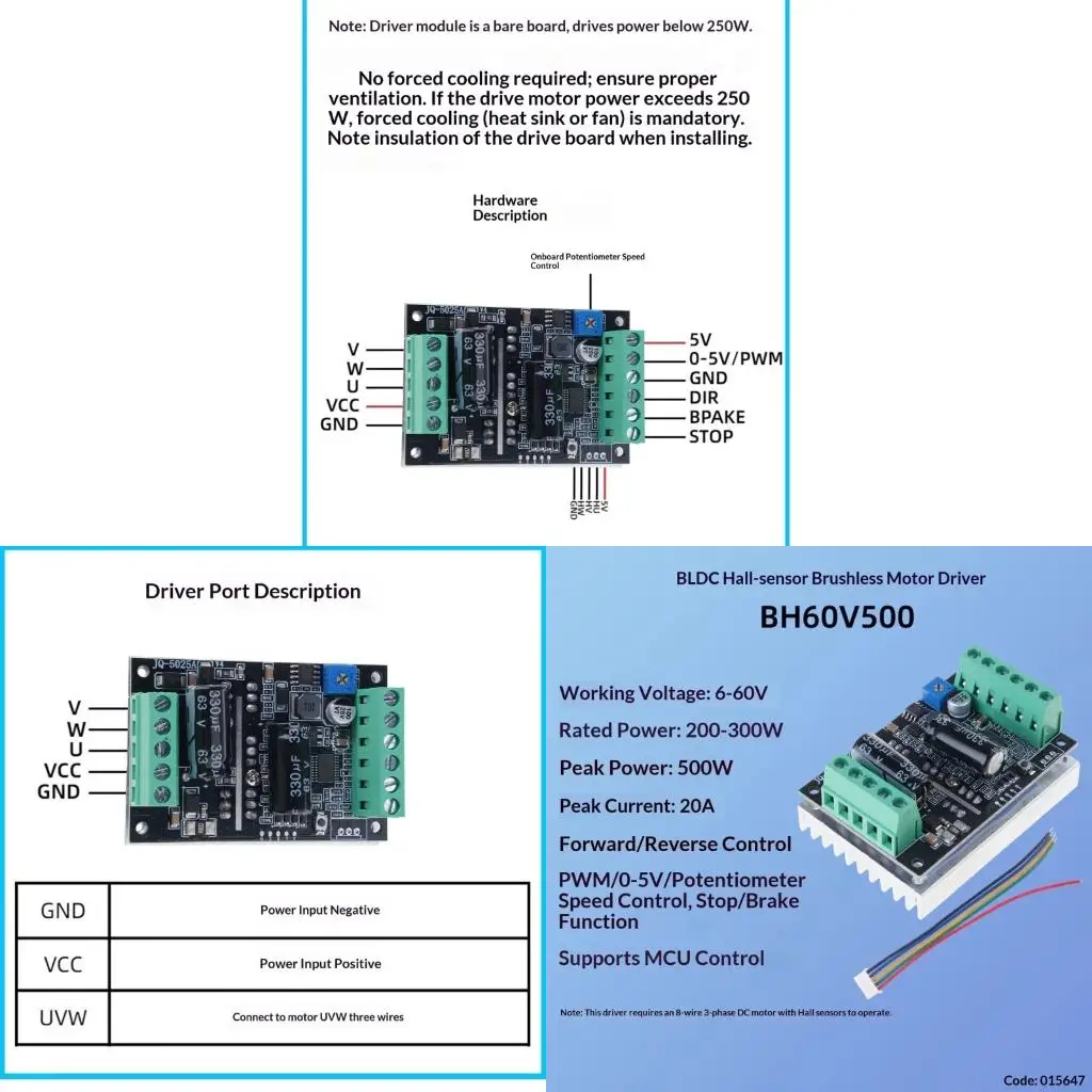 

High Power 60V 500W BLDC Brushless Motor Driver Board Hall Sensors Required PLC Analog And PWM Control For 3D Printing