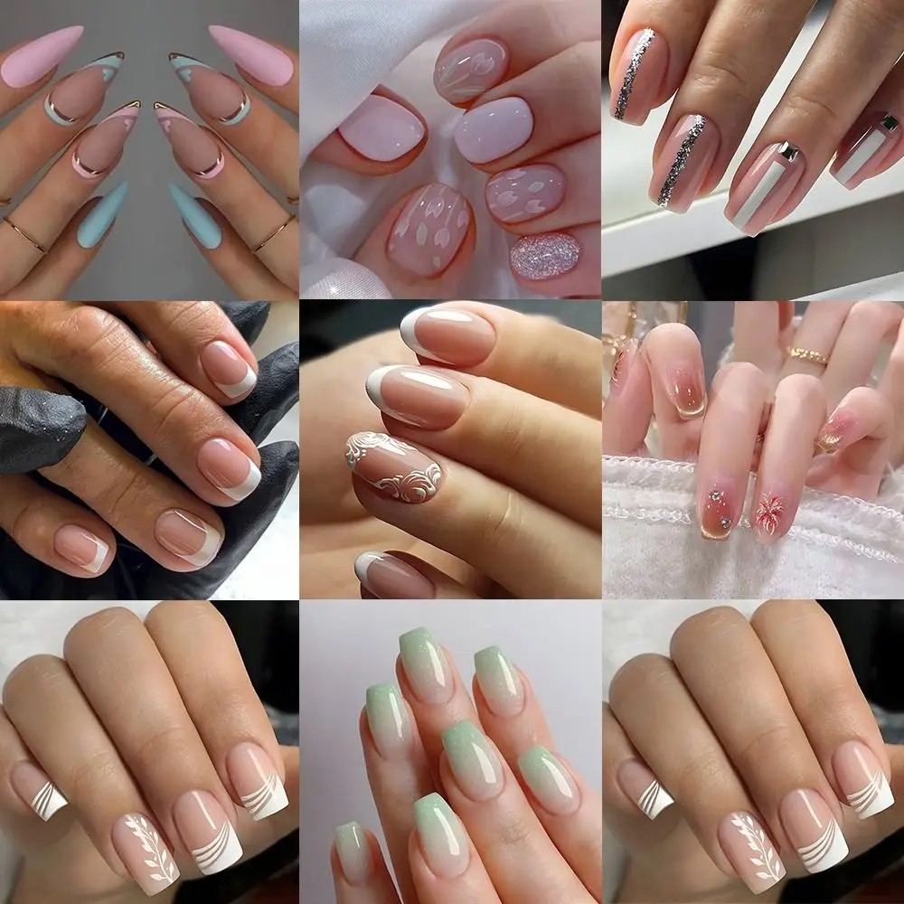 Novo longo bailarina e quadrado unhas falsas francês listra branca dicas de unhas cobertura completa destacável unhas falsas mulheres meninas