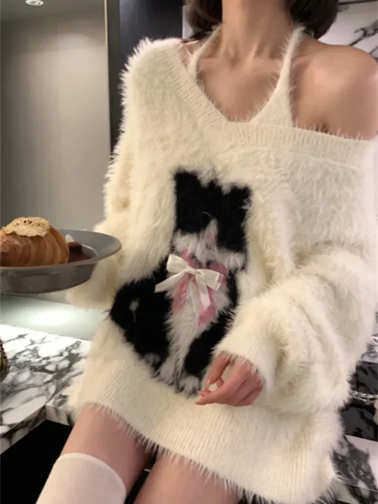 2024 Autumn Two Pieces Set Women Grunge Knitted Cartoon Cat Bow Pullover + Sleeveless Halter Solid Vest Y2k Aesthetic Fashion