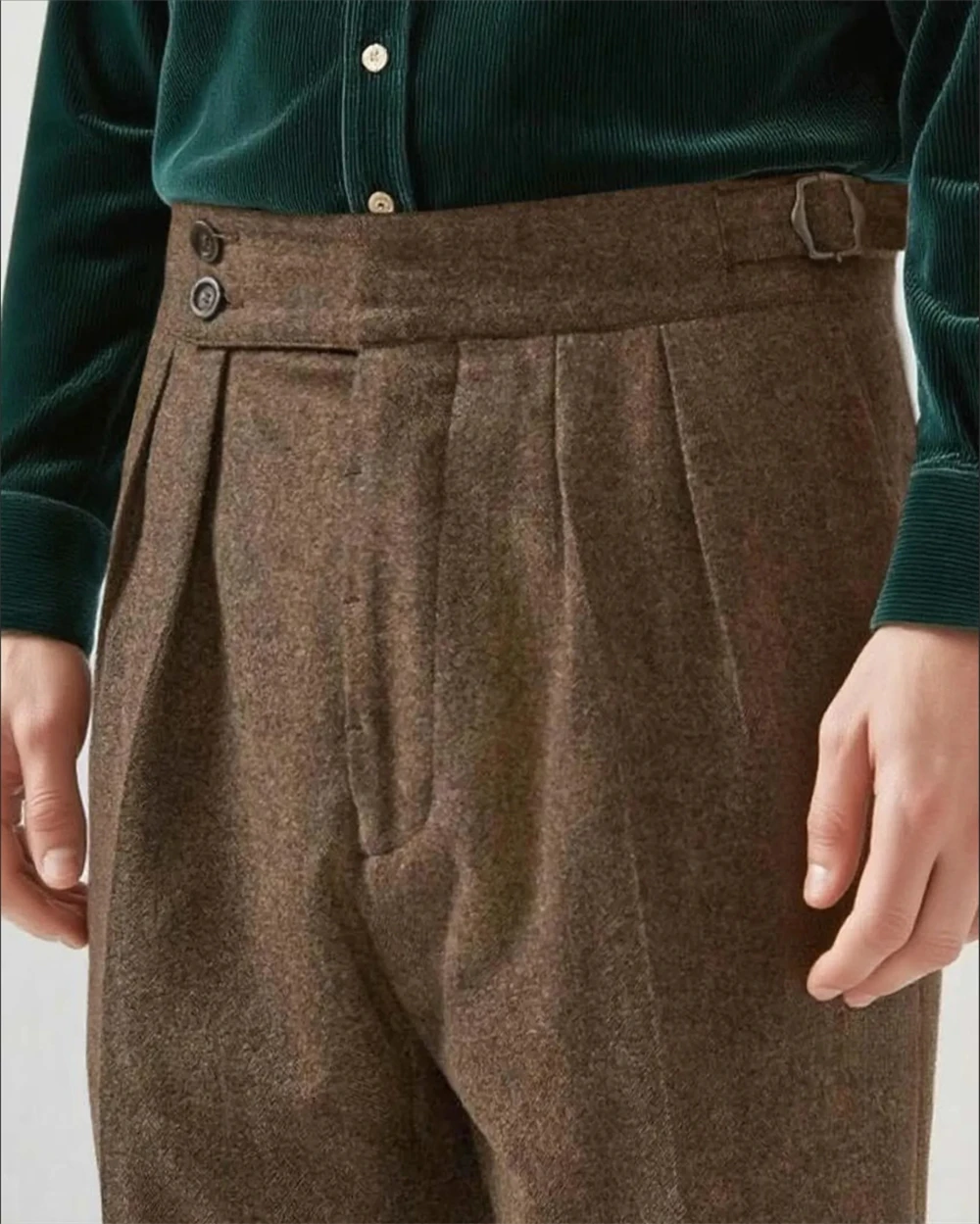 

Coffee Two Designs 1940s High-Waisted Herringbone Trousers Men - Heavyweight Tweed Dress Pants Tailored Formal Pants