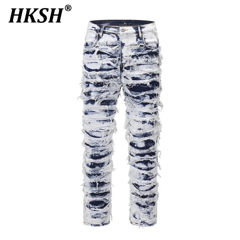 

HKSH Spring Summer New Men Tide High Street Elegant Fashion Washed Holes Jeans Zipper Vintage Chic Casual Denim Pants Ins HK5749