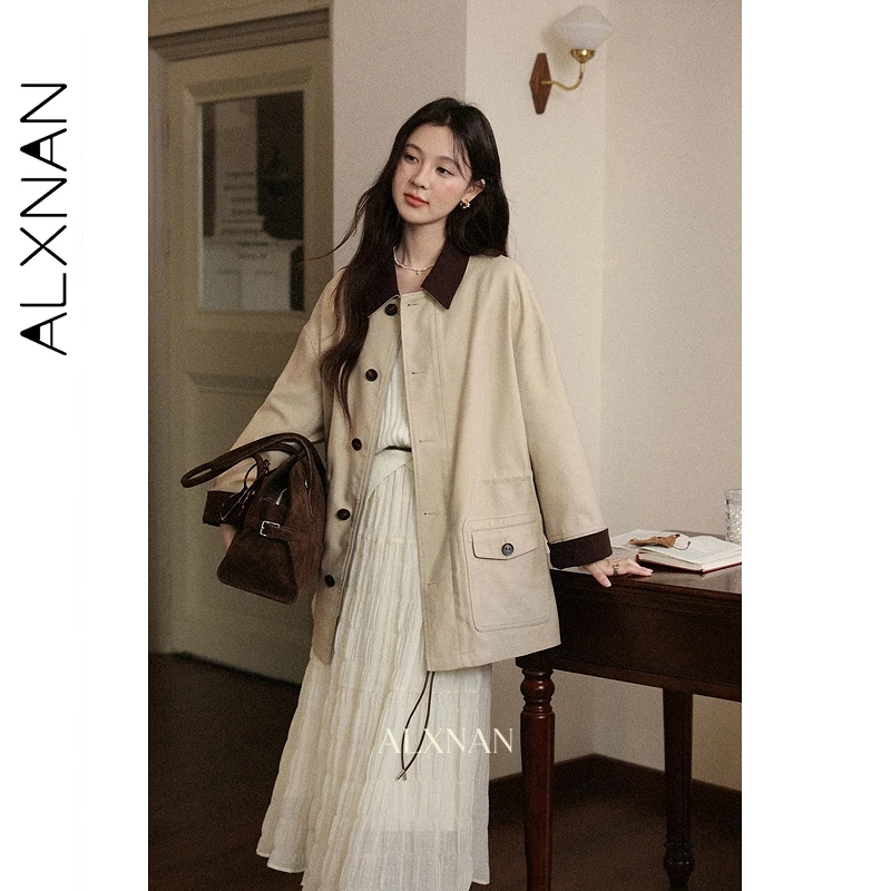 ALXNAN カーキトレンチコート女性ブロックカラーカジュアルルーズフィットウインドブレーカー 2025 秋冬ミッドレングストレンチコート女性 L57723