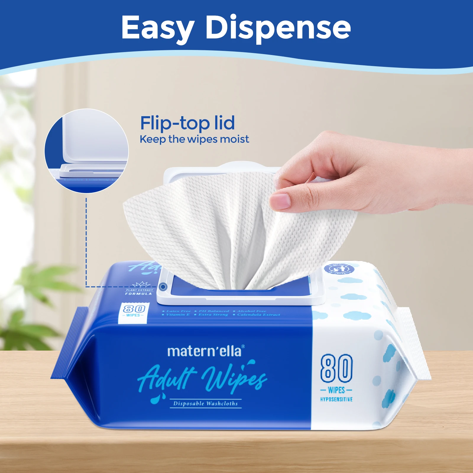Matern'ella 80 Adult Wet Wipes Disposable 99% Water Plant-Based Aloe Vitamin E No Alcohol Latex Free PH Balanced Hypoallergenic