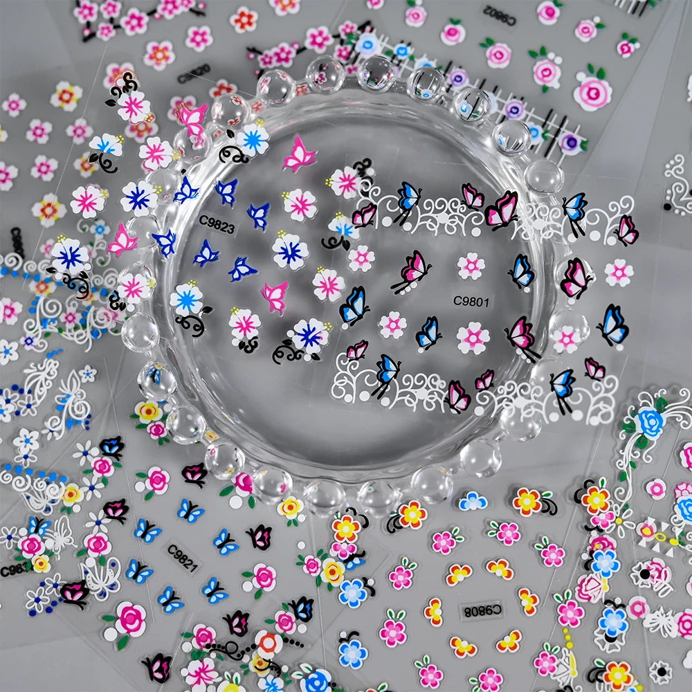 30 stuks kleurrijke vlinder/bloemen nail art stickers 5.5. *6,5 cm goud/zilver bloemen zelfklevende schuifregelaar schattige bloem manicure sticker