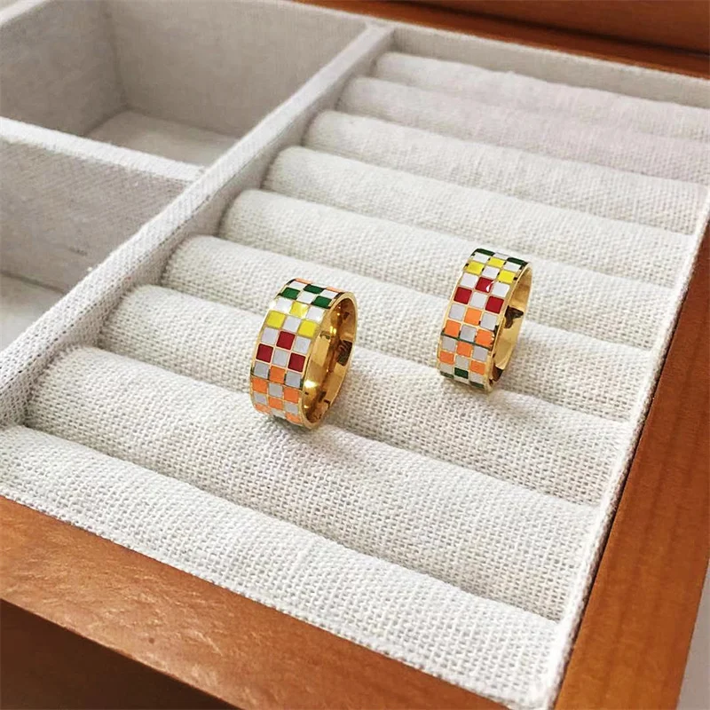 Waterproof Colorful Enamel Plaid Rings For Women Stainless Steel Finger Ring 2023 Trend Femme Aesthetic Jewelry anillos mujer