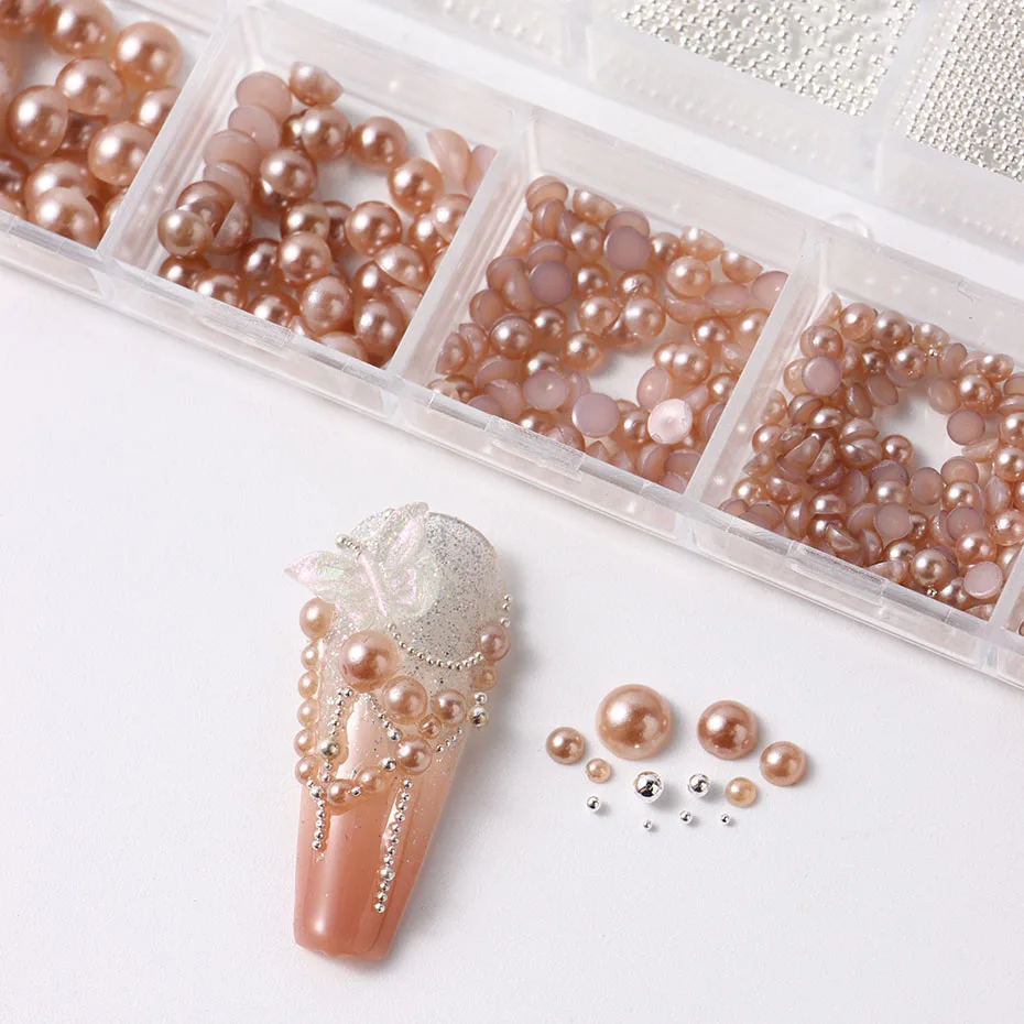 Rose Gold Pearls Nail Art Decoration Half/Round Pearls Nail Charms Steel Beads Autumn Winter Design Japanese Manicure Parts DIY