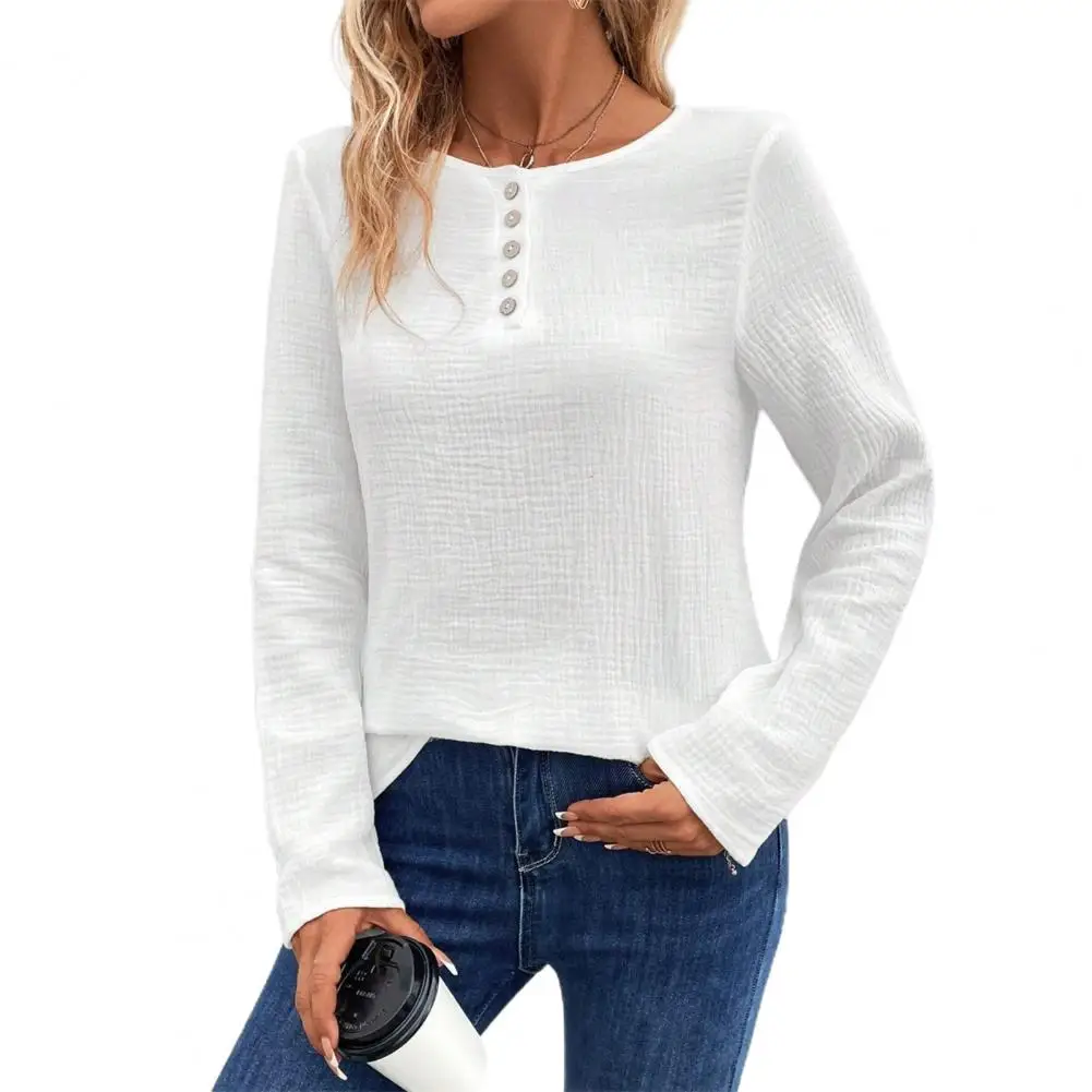 

Button Neckline Women Shirt Stylish Women's Solid Color Loose Fit Long Sleeve Pullover Tops with Round Neckline Buttoned for A