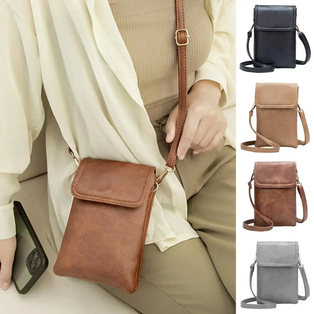 Crossbody Bag Smooth Faux Leather Adjustable Strap Firm Stitching Solid Color Phone Cosmetic Keys Storage Bag