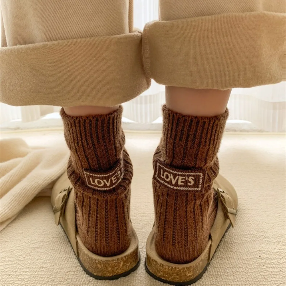 Ins Middle Tube Mid-Tube Socks Keep Warm Cloth Label Snow Boot Socks Solid Color Knitted Socks Autumn